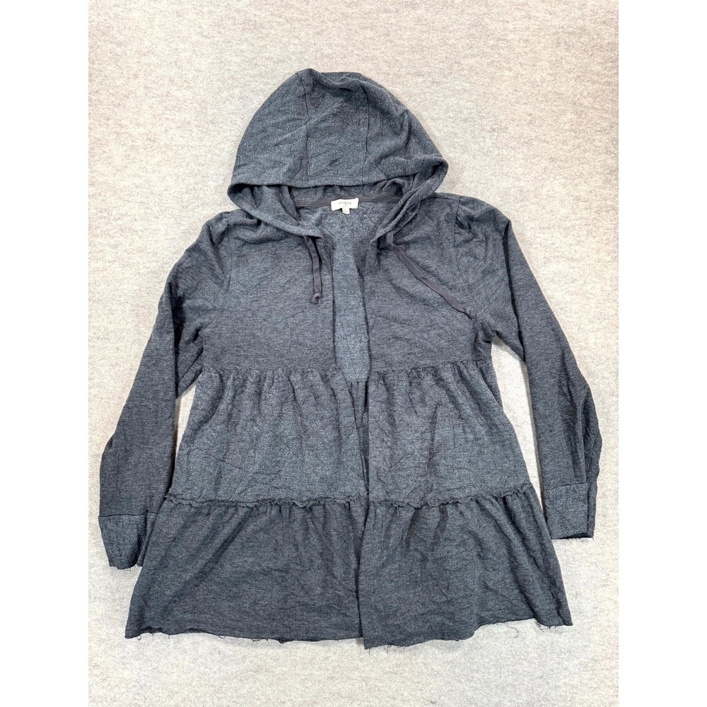 Umgee Cardigan Hooded Sweater Womens Large Gray Tiered Drawstring Open G1856